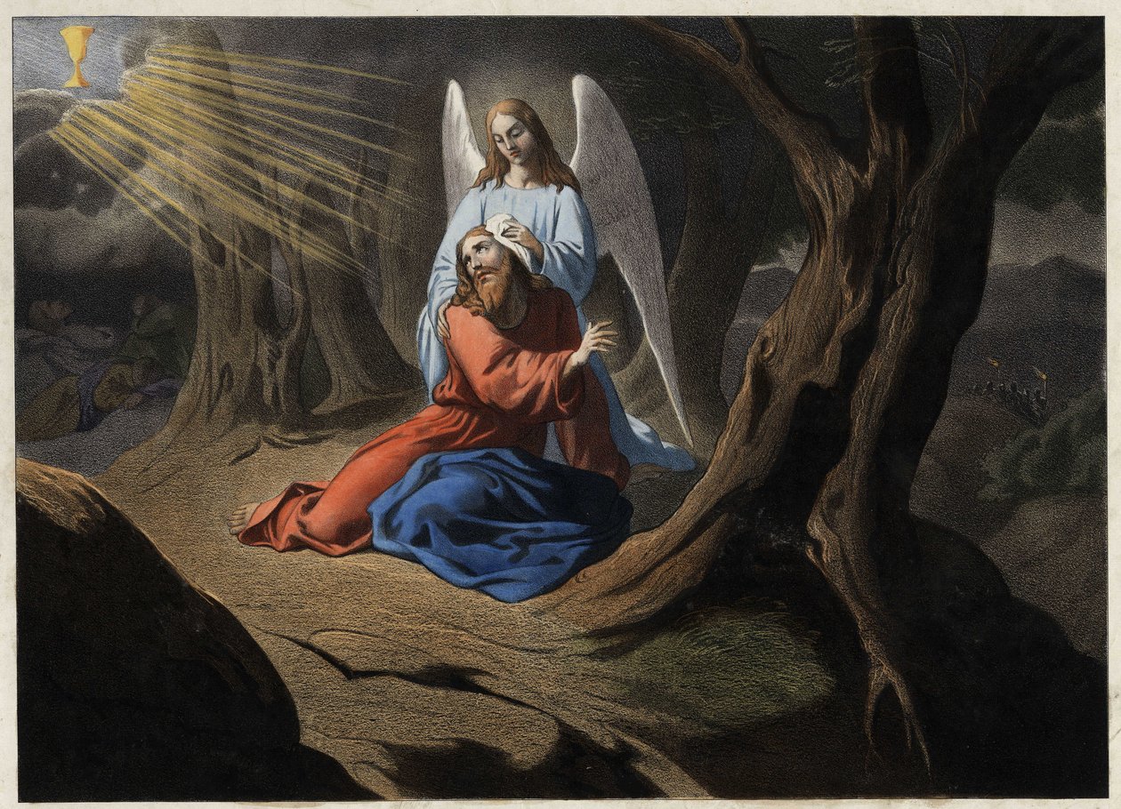 Agonia nel giardino - Preghiera di Cristo nel Giardino degli Ulivi (incisione anonima del XIX secolo) da Unknown artist