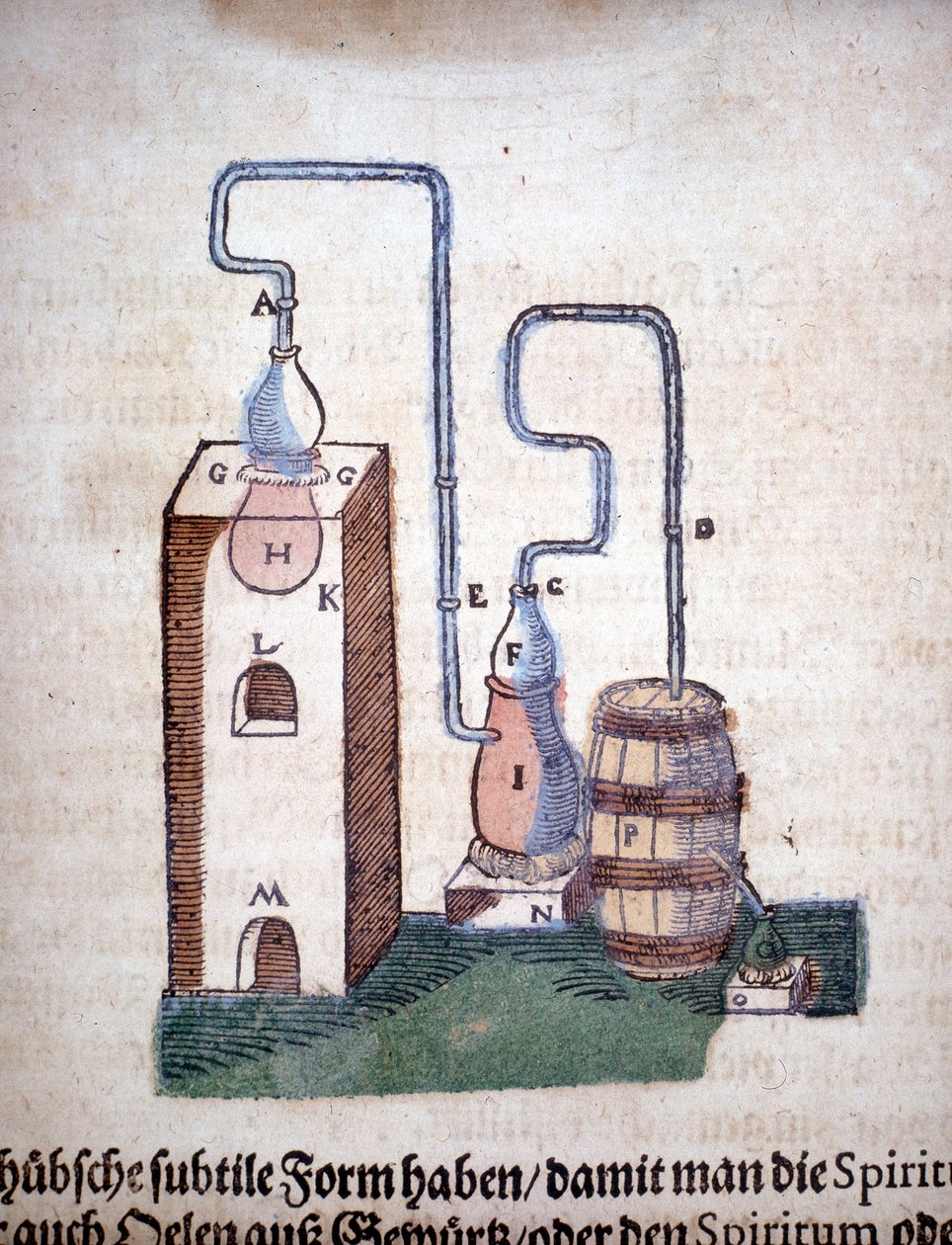Alchimia: apparecchio per la distillazione, tratto da un libro di Pietro Andrea Mattioli (Matthiole) (1500-1577). Francoforte da Unknown artist
