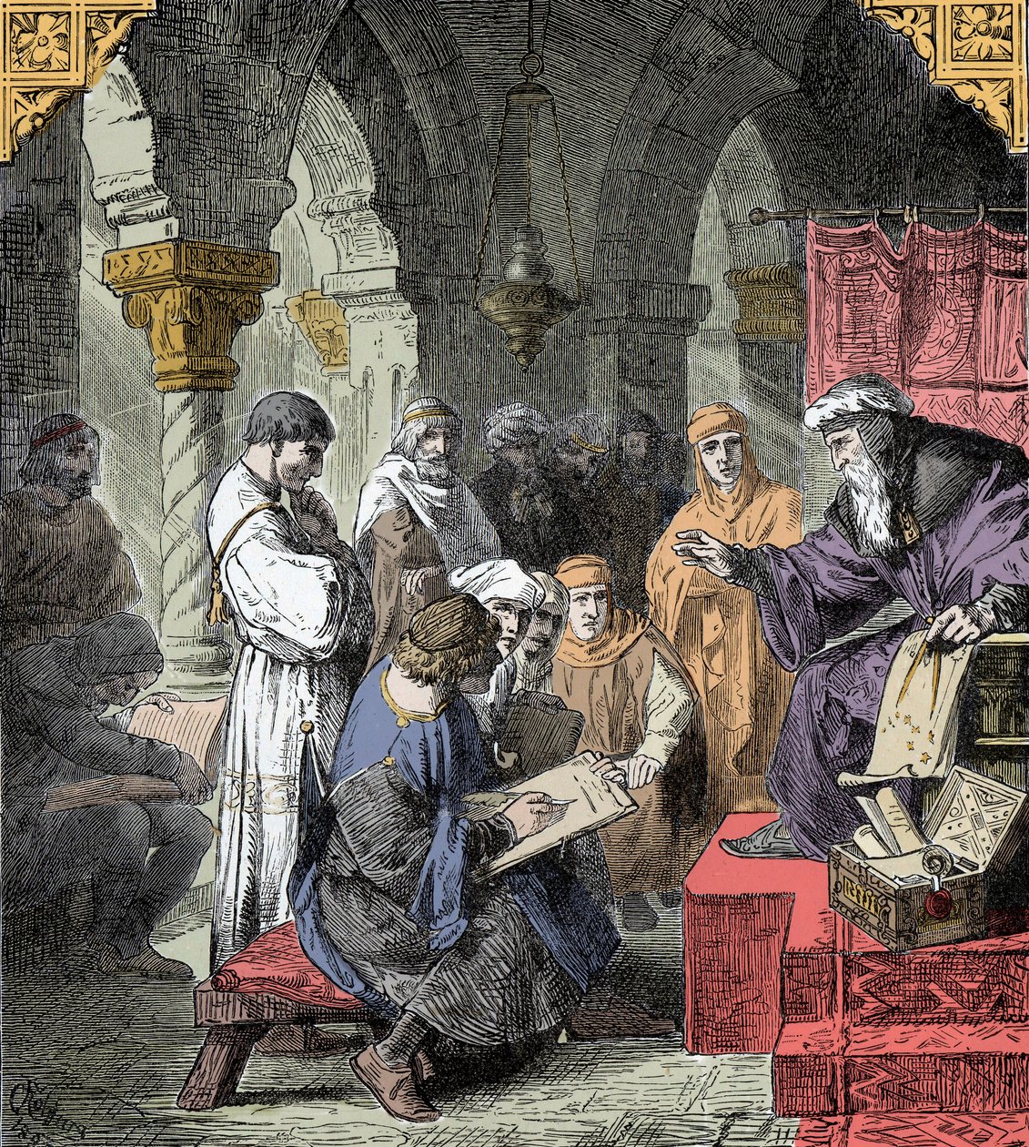 Alchimia e Astrologia insegnate nelle scuole - Educazione scientifica nel Medioevo: un insegnante tiene una lezione di astronomia e alchimia ai giovani da Unknown artist