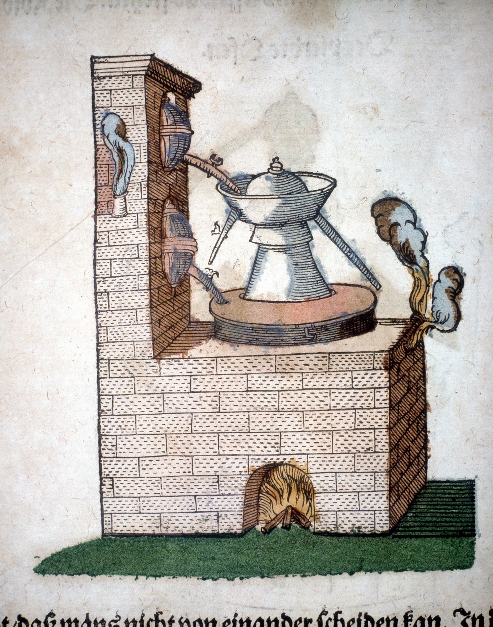 Alchimia: apparecchio per la distillazione, tratto da un libro di Pietro Andrea Mattioli (Matthiole) (1500-1577). Francoforte da Unknown artist