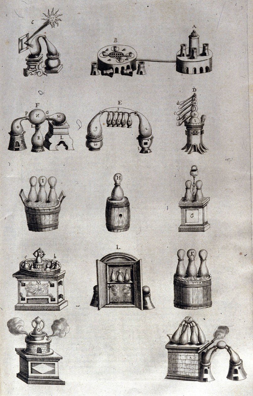 Alchimia: tavola che rappresenta diversi modelli di apparecchi di distillazione e alambicchi. Athanase Kircher (o Athanasius Kircheri 1602-1680), gesuita tedesco. Incisione del XVII secolo. da Unknown artist