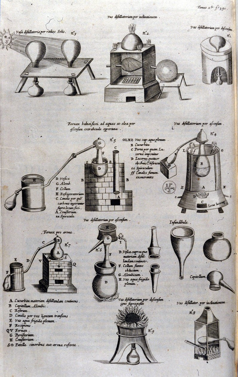 Alchimia: tavola che rappresenta diversi modelli di apparecchi di distillazione e alambicchi. Athanase Kircher (1602-1680), gesuita tedesco. Incisione del XVII secolo da Unknown artist