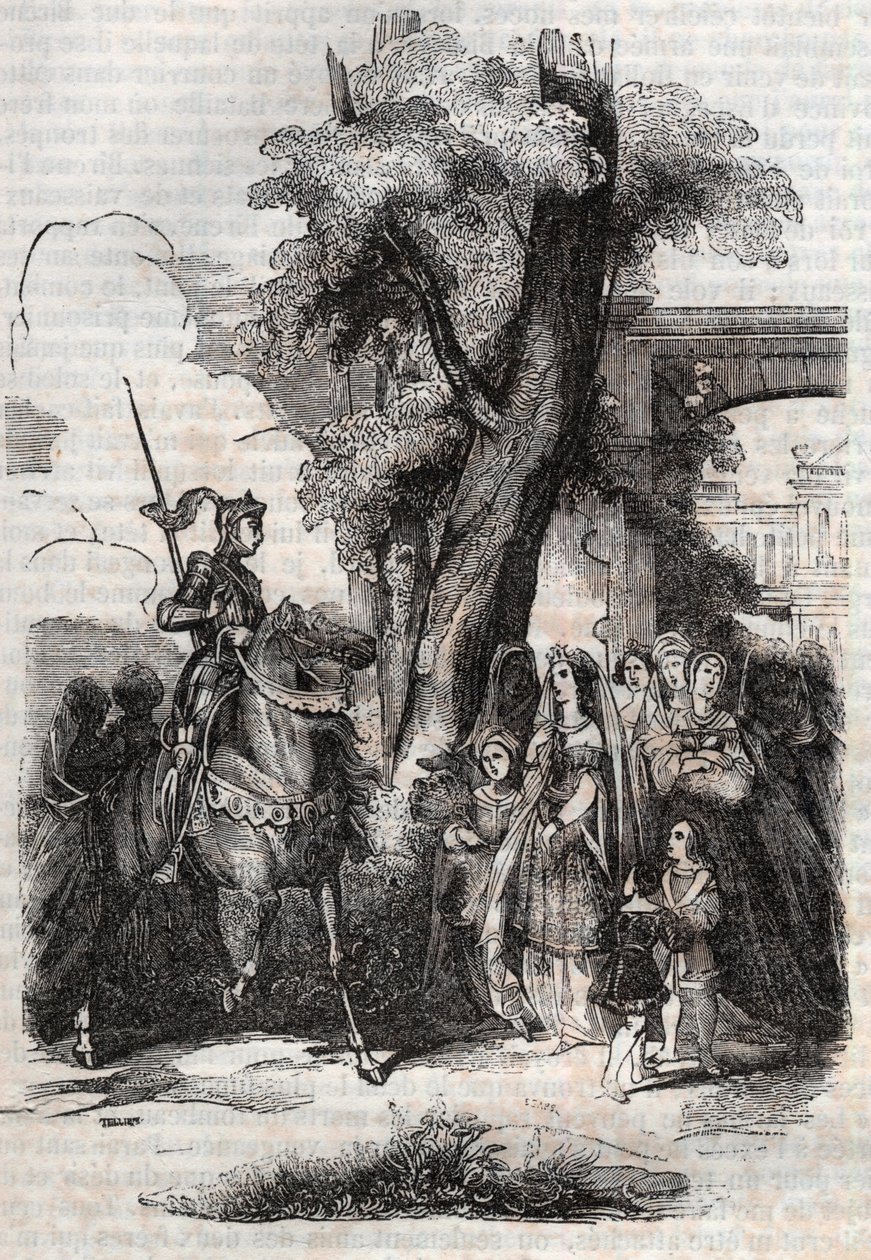 Alcina e la sua corte vengono a salutare Ruggiero - incisione del 1851 dal poema Orlando furioso (1516) di Ludovico Ariosto, edizione tradotta dall