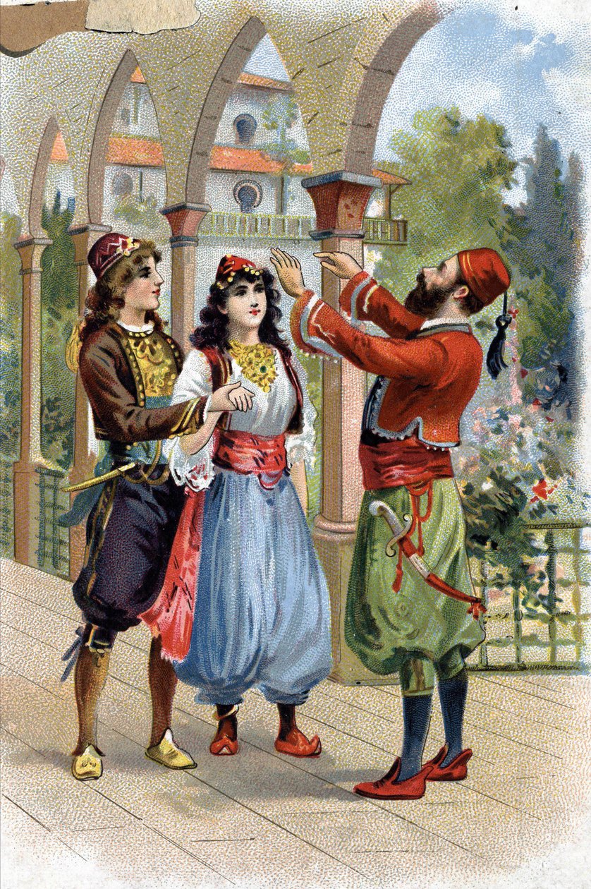Ali Baba. (Ali-Baba) (Le Mille e una Notte): per ricompensare Morgiane, Ali Baba la dà in sposa a suo figlio. Cromolitografia del XIX secolo da Unknown artist