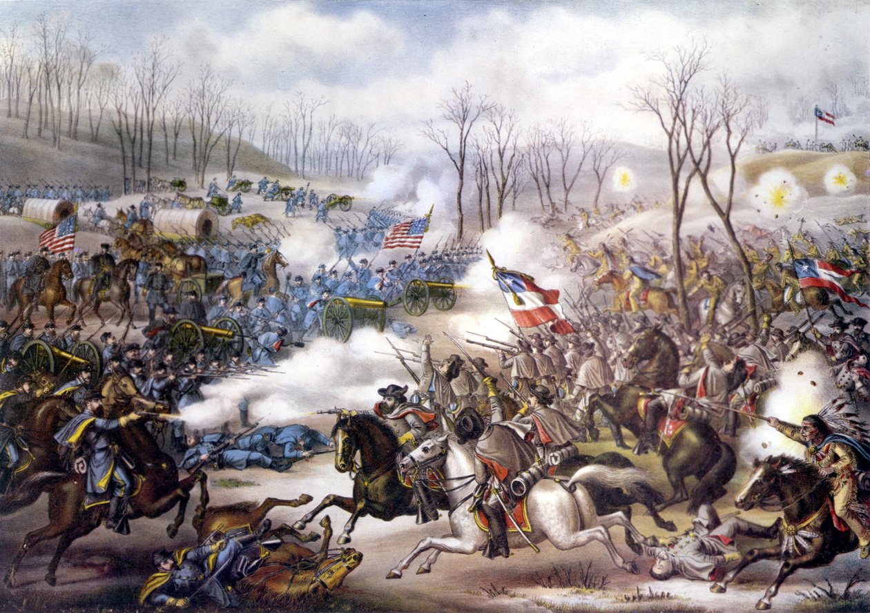 Guerra Civile Americana (1861 - 1865): Battaglia di Pea Ridge o Elkhorn Tavern (Arkansas) 06 - 08 marzo 1862. Incisione del XIX secolo da Unknown artist