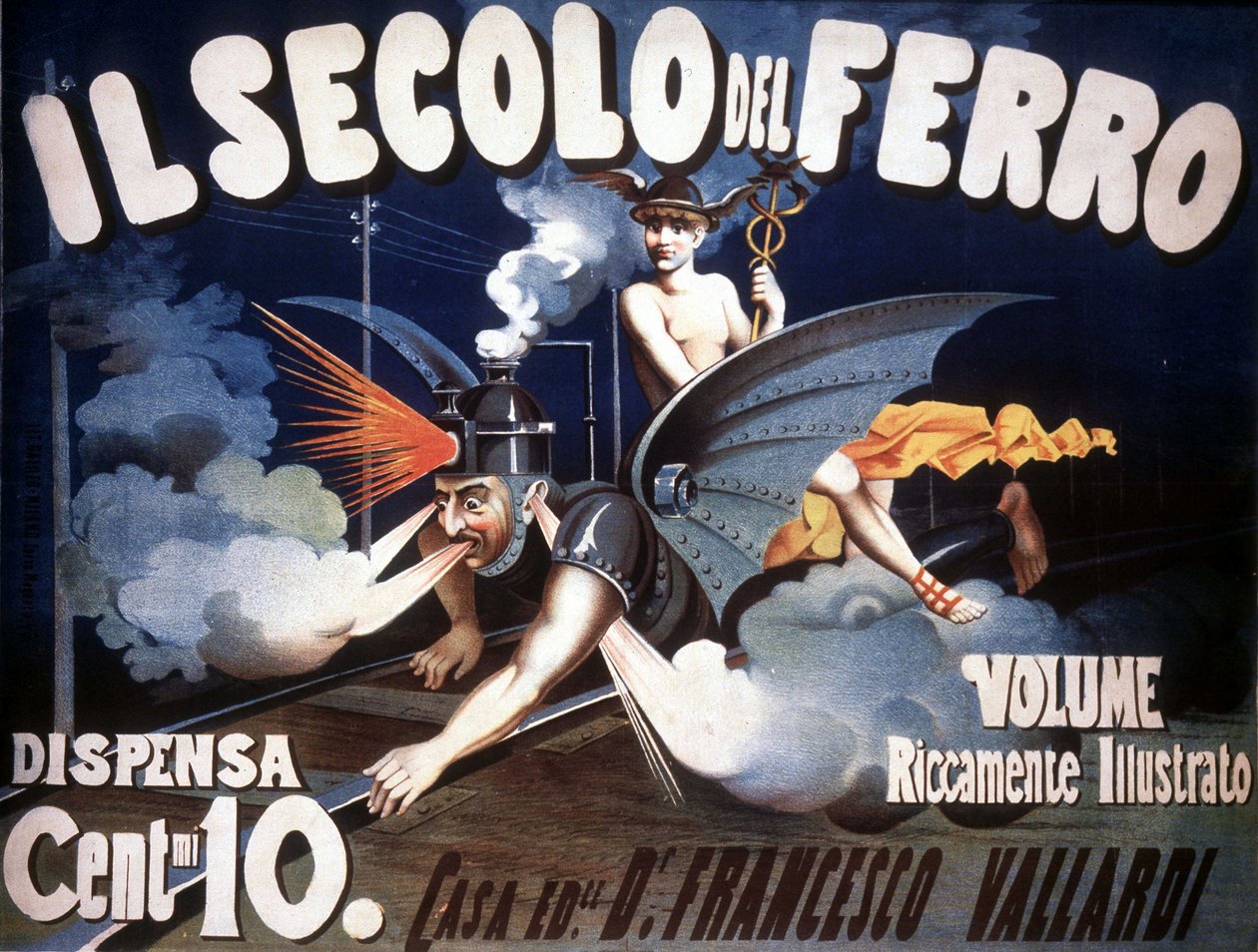 Rappresentazione allegorica di una macchina metà treno, metà drago con volto umano che simboleggia il progresso. "Il Secolo di Ferro". Anonimo della fine del XIX secolo. da Unknown artist