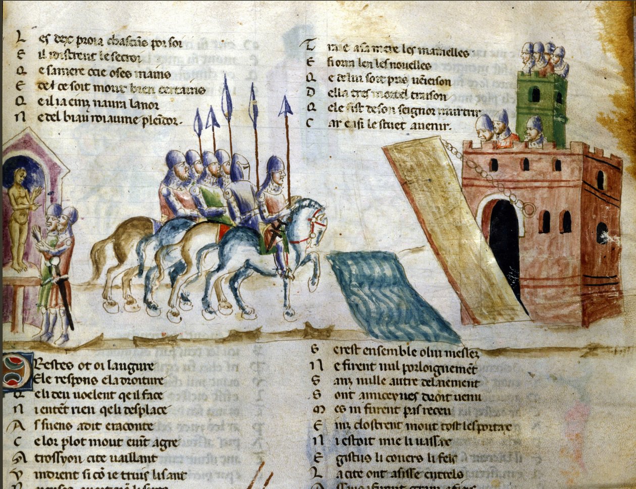 Un esercito si avvicina a un castello. Miniatura del Roman de Troie di Benoit de Sainte Maure. XIV secolo, Biblioteca Marciana, Venezia da Unknown artist