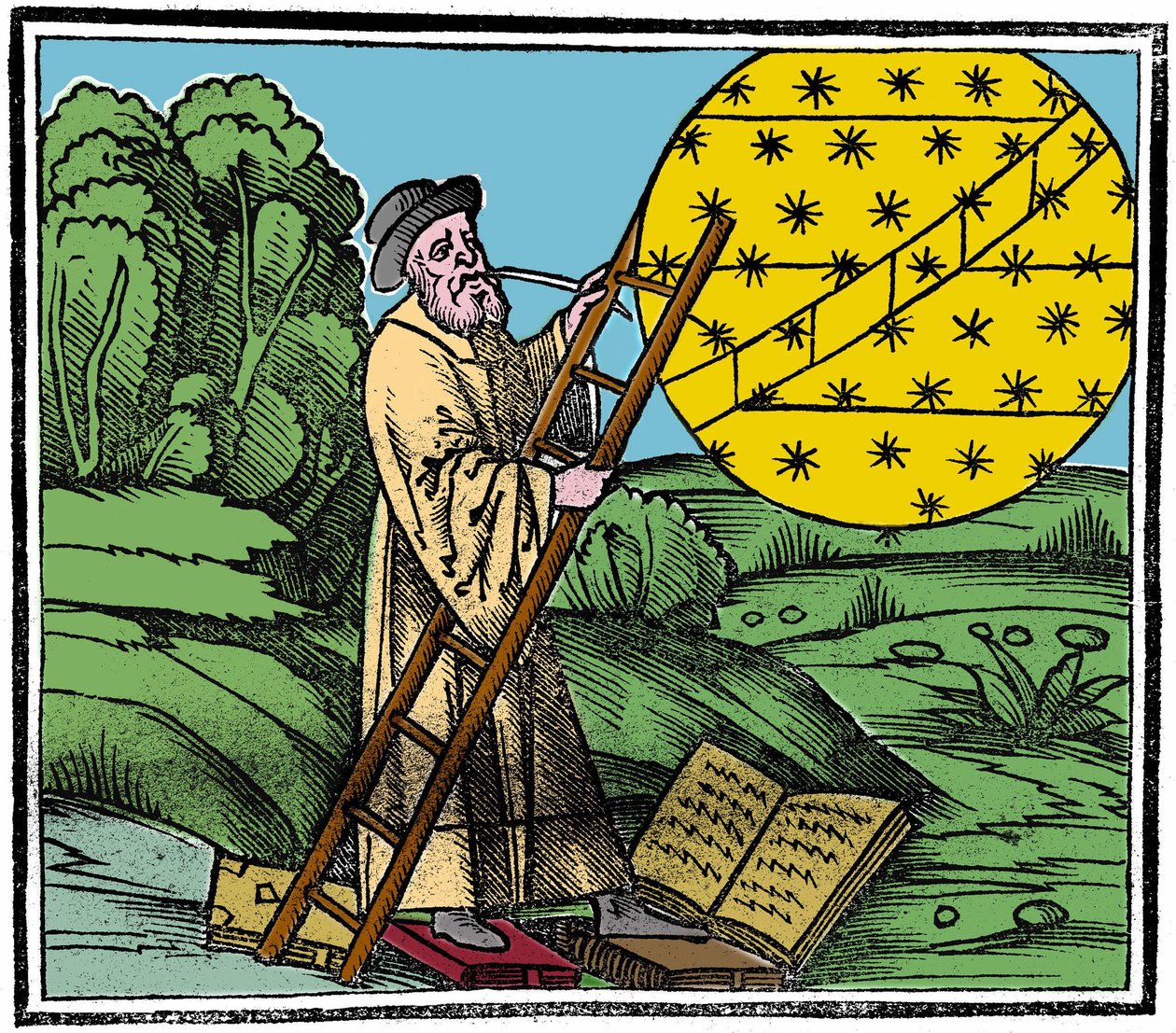Un astronomo che mette una scala per salire in cielo da Unknown artist