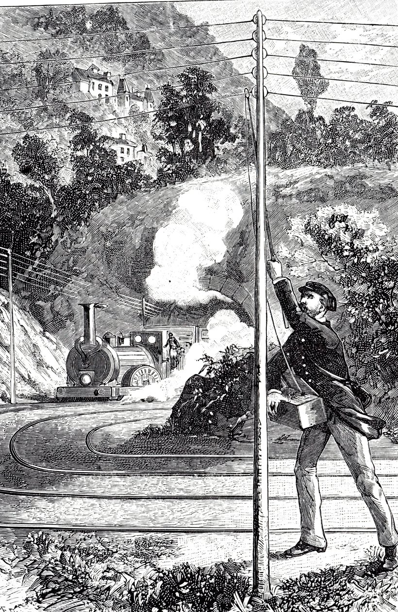 Incisione raffigurante un lavoratore ferroviario che invia un segnale di emergenza su un telegrafo ferroviario da Unknown artist