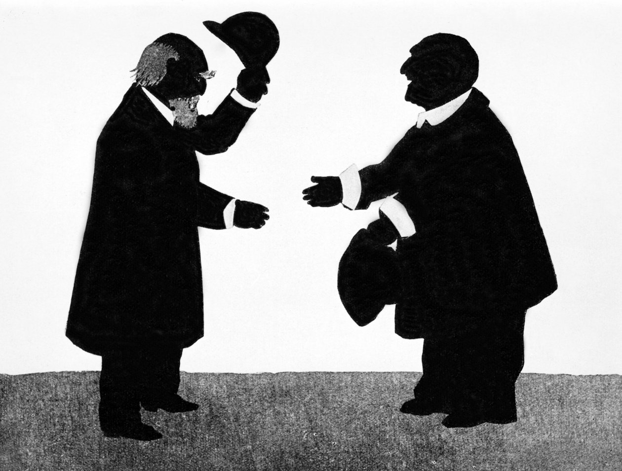 Un incontro immaginato tra Eduard Hanslick (1825 - 1904), musicologo austriaco e il compositore Anton Bruckner (1824 - 1896). Ombra cinese. da Unknown artist