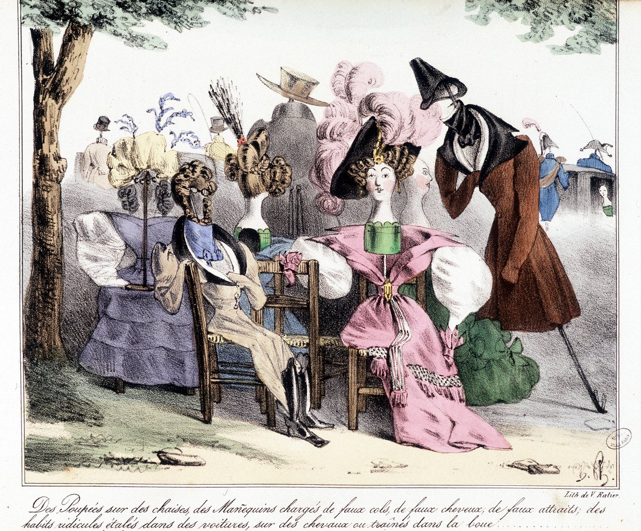 Una Descrizione Ironica della Moda Borghese del XIX Secolo: "Bambole su Sedie, Modelli Carichi di Colletti Finti, Cavalli Finti, Attrazioni Finte; Abiti Ridicoli Sparsi su Carri, su Cavalli o Trascinati nel Fango." In "La silhouette", giornale satirico da Unknown artist