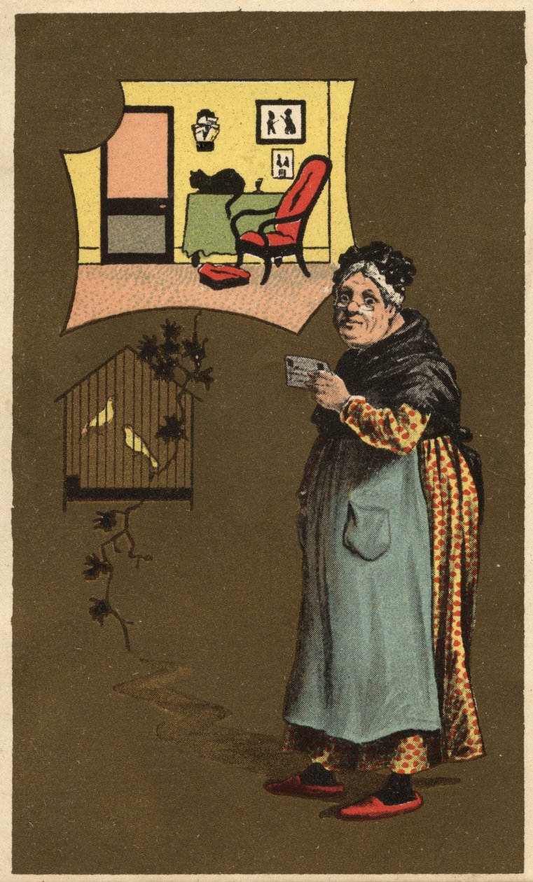 Una vecchia che tiene una tazza vicino a una gabbia con uccelli. Cromolitografia anonima, fine XIX secolo. da Unknown artist