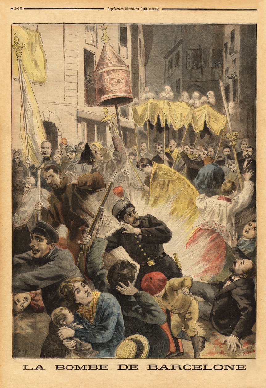 Attentato anarchico a Barcellona, esplosione di una bomba nella processione che lascia la chiesa di Santa Maria, via nuevos cambios da Unknown artist
