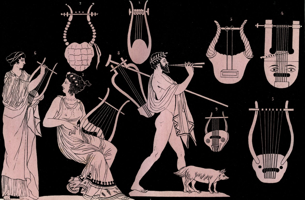 Strumento musicale greco antico: Lira e Cithara - incisione da “Usi e Costumi di Tutti i Popoli dell