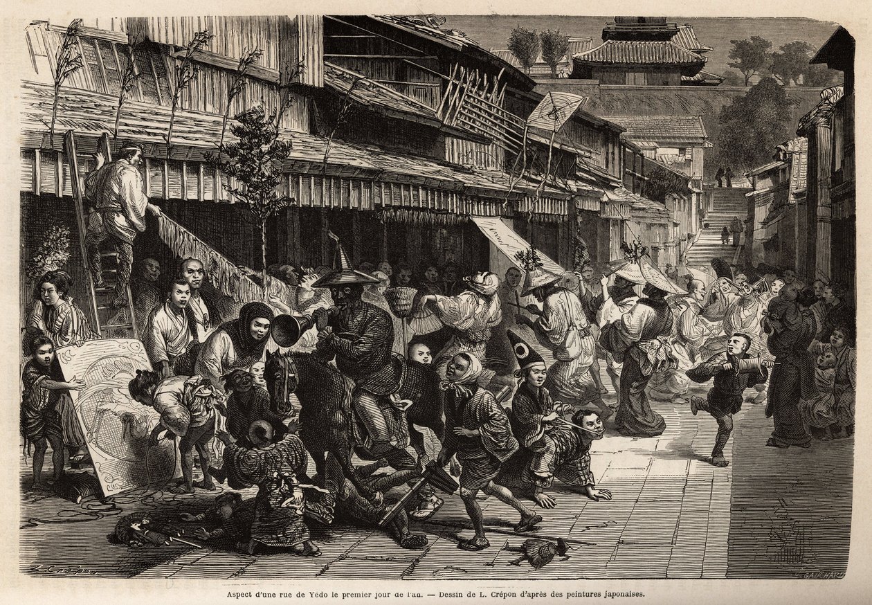 Aspetto di una strada a Edo (Tokyo) il primo giorno dell