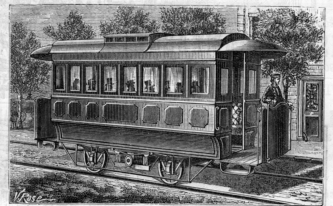 Applicazione delle batterie Faure: Tram elettrico, modello della compagnia di Omnibus, alimentato da batterie. Incisione in 