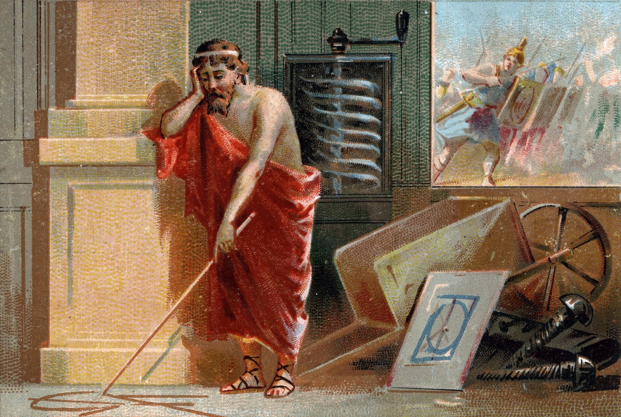 Archimede di Siracusa (287-212 a.C.) che traccia forme geometriche sul terreno, presto fermato dai soldati romani. Nel suo laboratorio si possono riconoscere le sue varie invenzioni: la vite e la carriola. Cromolitografia del XIX secolo da Unknown artist