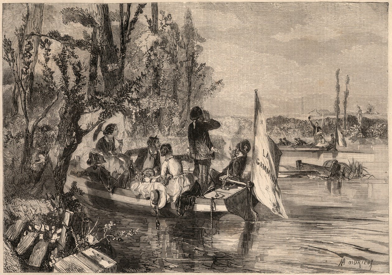 Intorno a Parigi nel 1857. I canoisti ad Asnières. Incisione in 