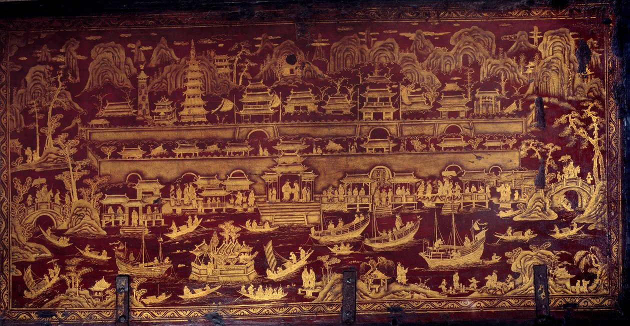 Arrivo dei portoghesi a Nanchino, Cina. Coperchio di scatola coperto di vernice rossa e oro. XVII secolo. Porto, Museo Nazionale da Unknown artist