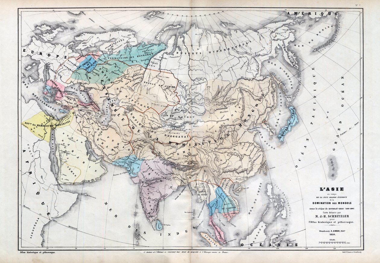 Asia al tempo della massima estensione del dominio mongolo sotto il regno di Qubilai (Kubilai Khan) (1260-1294) - Mappa preparata da M J-H Schnitzler, Atlante Storico e Pittorico 1857 da Unknown artist