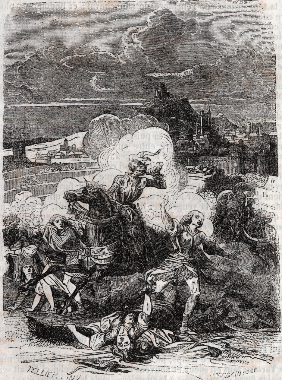 Astolfo fa fuggire le donne omicide - incisione del 1851 da "Orlando furioso" (XVI secolo) di Ludovico Ariosto, edizione tradotta dall