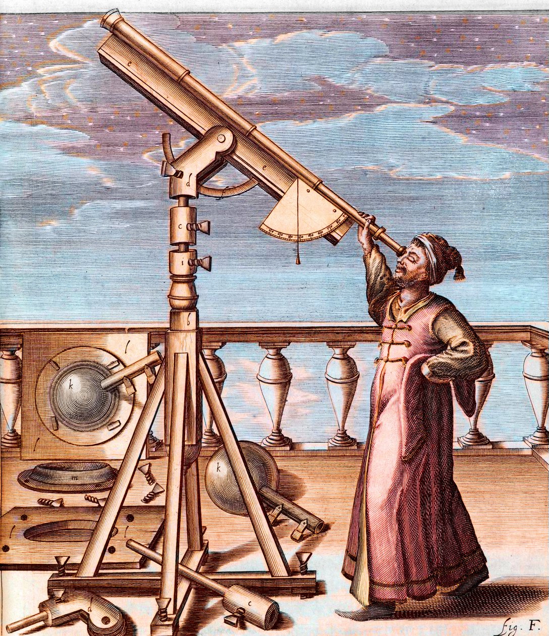 Astronomo che osserva il cielo con un telescopio - da: Johannes Hevelius (1611-1687), Selenographia, sive Lunae descriptio da Unknown artist