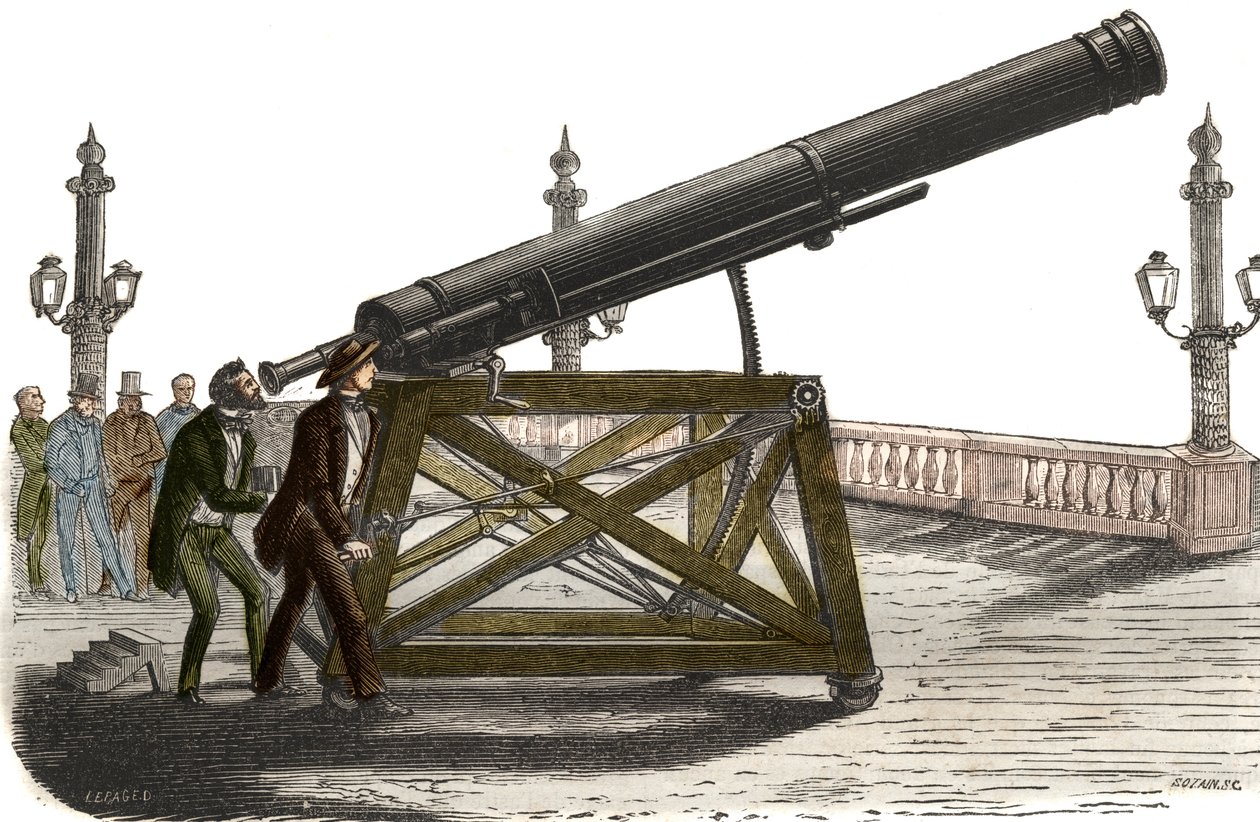 Cannocchiale astronomico di M. Queslin in Place de la Concorde a Parigi. Incisione del 1857 in "Il Museo delle Scienze" da Unknown artist