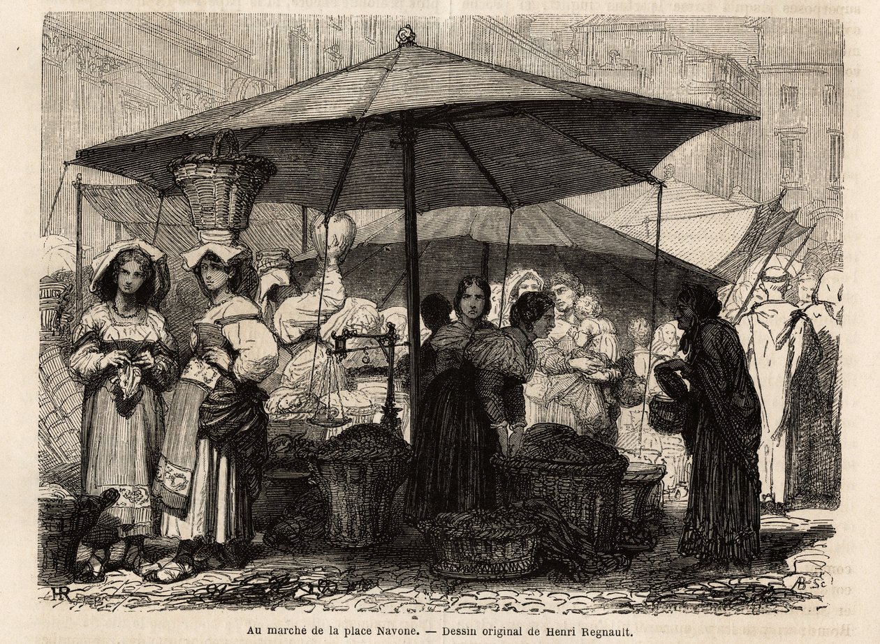 Ai piedi di Piazza Navona, Roma. Incisione per illustrare il viaggio a Roma, di Francis Wey, pubblicato in "Le tour du monde, nouveau journal des voyages", sotto la direzione di Edouard Charton da Unknown artist