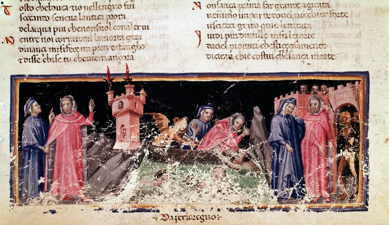 A sinistra, Dante e Virgilio stanno sulla riva del fiume Stige, la riva desolata dell