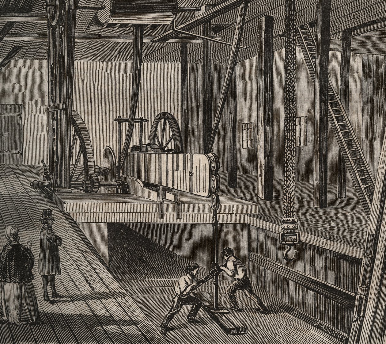 Atelier di perforazione del pozzo artesiano di Passy. Incisione del 1856 in "Le Musée Des Sciences". da Unknown artist