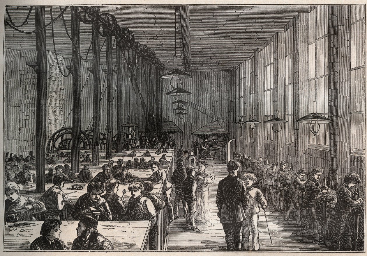 Atelier del ferro - Scuola municipale di apprendisti del boulevard de la Villette a Parigi nel 1875 - incisione da Unknown artist