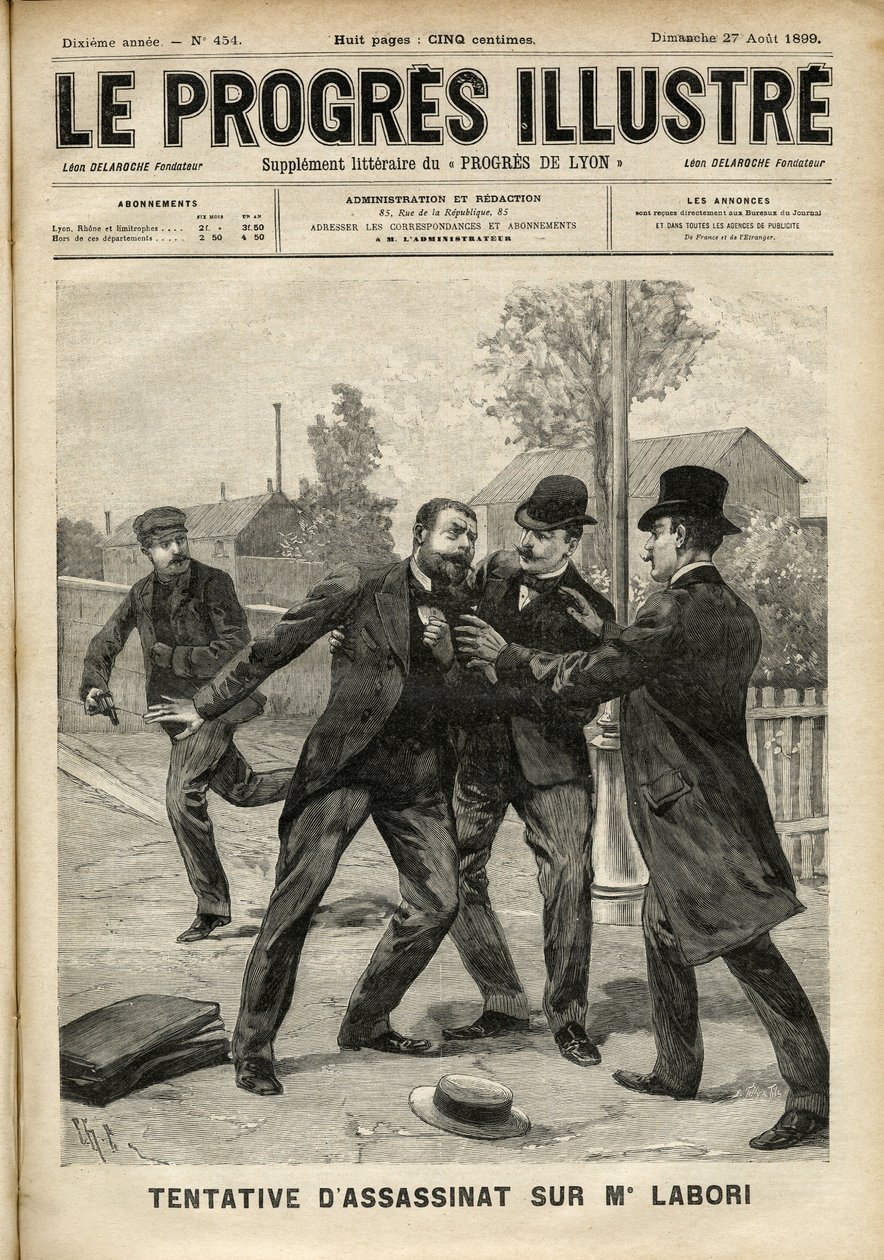 Attentato a Fernand Labori (1860-1917), avvocato nella difesa di Alfred Dreyfus (1859-1935), colpito da un proiettile alla schiena a Rennes mentre si recava al luogo dove si giudicava il caso. Copertina di “The Progres Illustré” di agosto 1899 (incisione) da Unknown artist