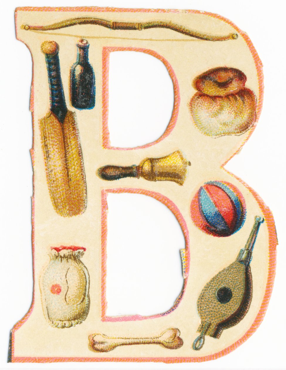 Arco, mazza da baseball, bottiglia, brioche, campana, pallone, osso, borsa, mantice da Unknown artist