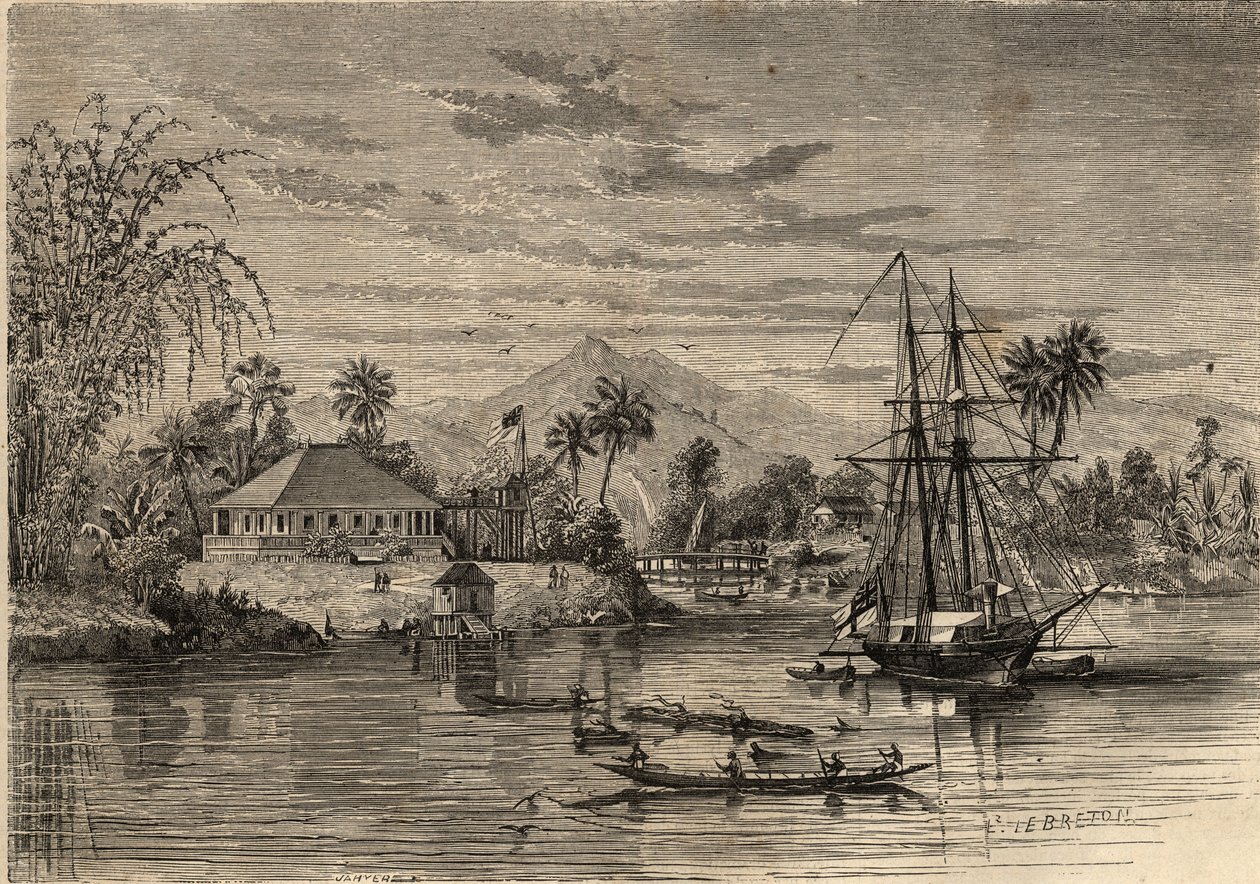 Bangalow, casa di Sir James Brooke, noto come il Rajah di Sarawak (1803-1868) avventuriero britannico primo rajah bianco di Sarawak nei pressi di Sarawak (Borneo). Incisione in “Le Monde illustre” del 1857. Collezione privata da Unknown artist