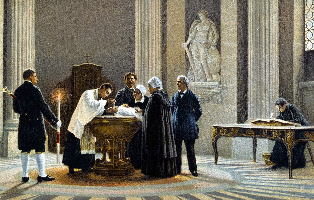 Battesimo di un bambino in una chiesa. Cromolitografia del XIX secolo da Unknown artist