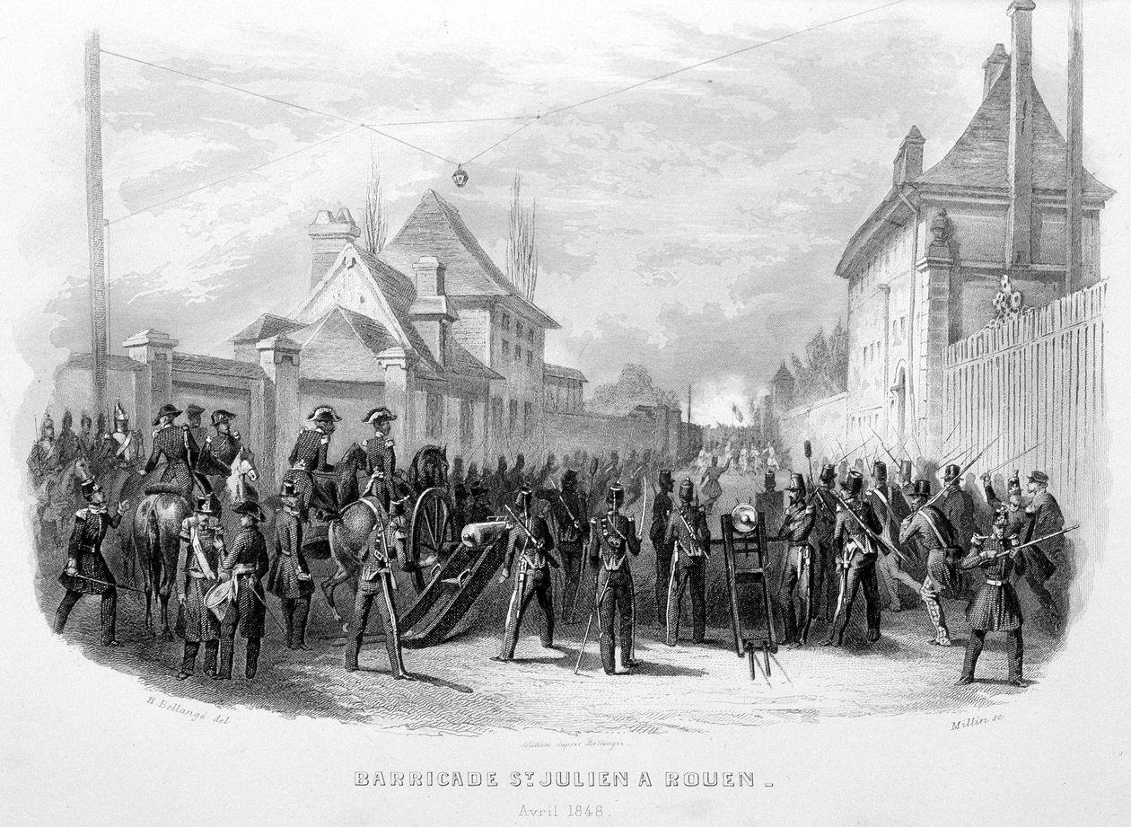 Barricata Saint Julien a Rouen, aprile 1848 - in "Fasttes de Gardes nationales de France" da Unknown artist