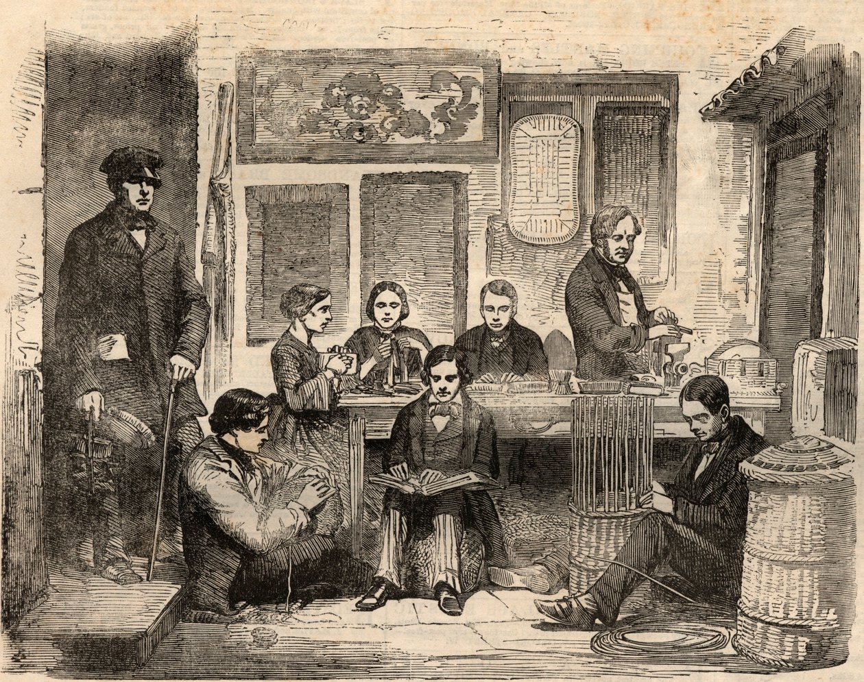 Laboratorio di cesteria e lettura per ciechi situato su Euston Road a Londra e organizzato dall