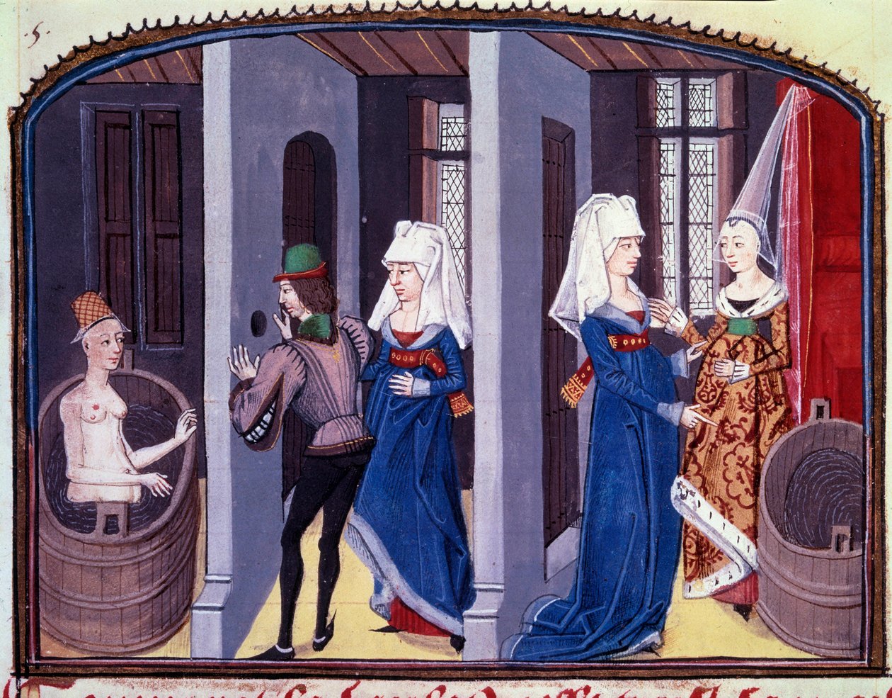 Scena del bagno. Un voyeur spia attraverso un buco nel muro una donna nuda che fa il suo bagno. I personaggi sono il conte Lisiard de Forez e la giovane donna Euriant da Unknown artist