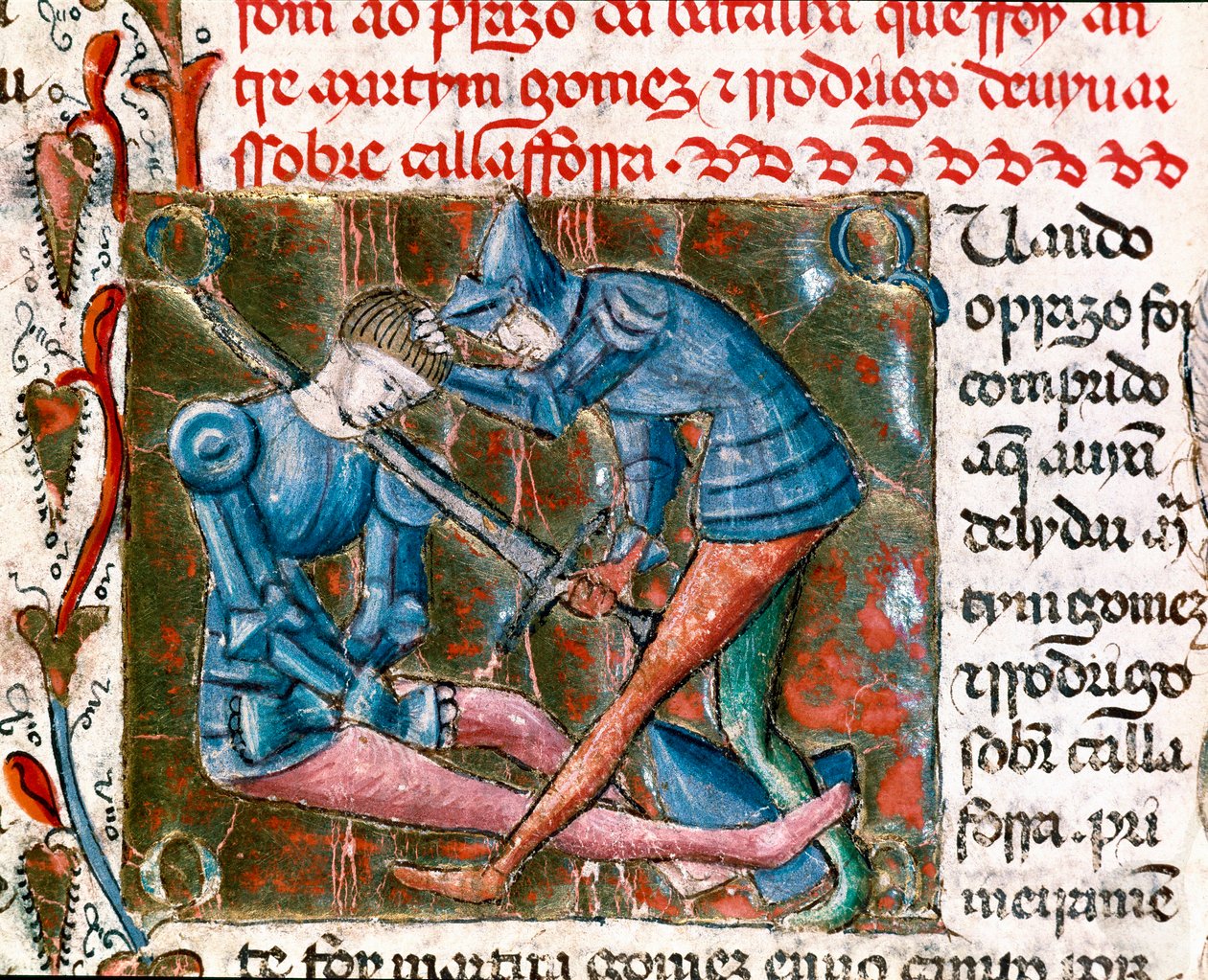 Battaglia tra Rodrigo Diaz de Vivar detto El Cid (1043-1099) e Martin Gomez. Miniatura tratta da 