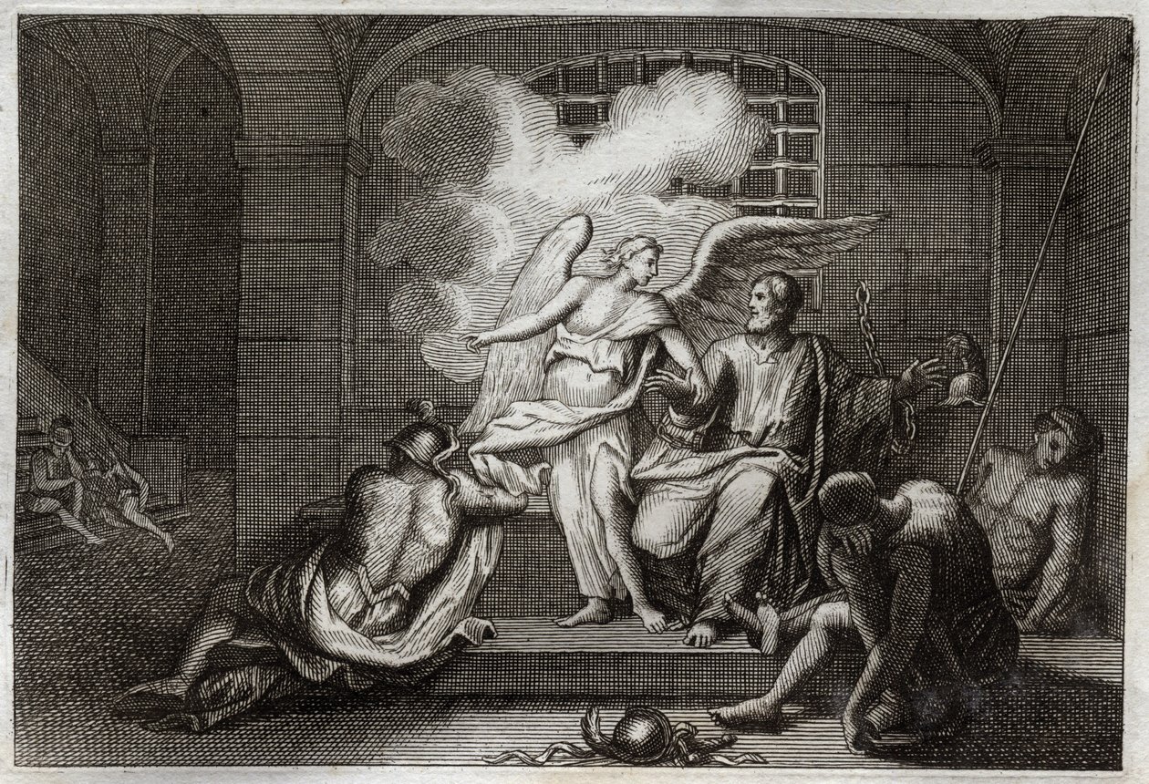 Bibbia di Royaumont, Nuovo Testamento: San Pietro liberato dalla prigione. San Pietro viene liberato dalla prigione di notte da un angelo. Illustrazione del 1811 da Unknown artist