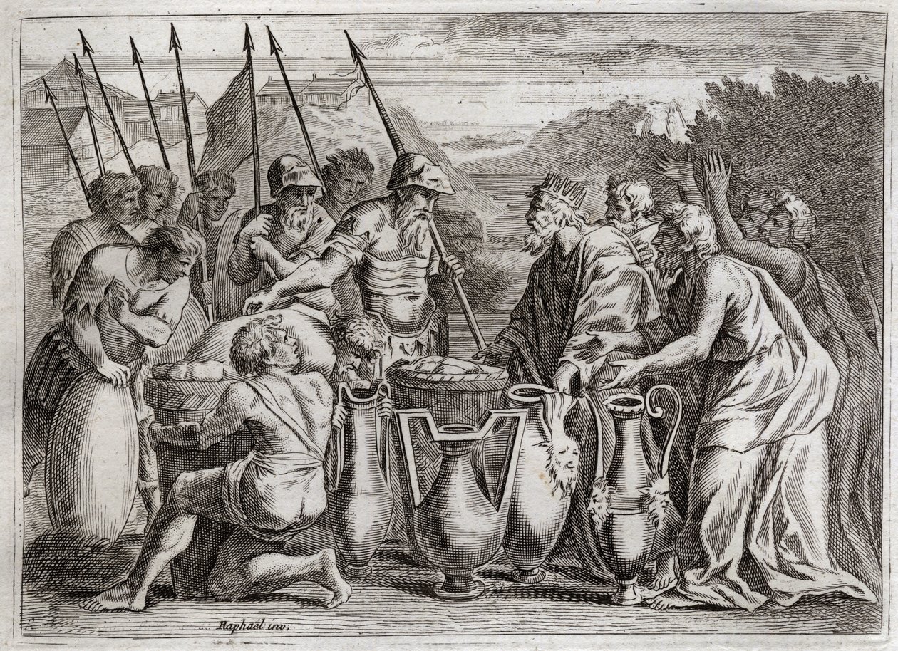 Bibbia di Royaumont, Antico Testamento: Abramo salva Lot. Il Sommo Sacerdote Melchisedec benedice. Il re di Sodoma gli offre... da Unknown artist