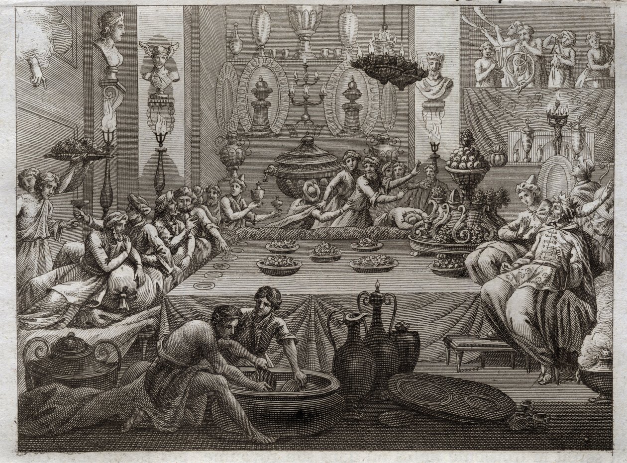 Bibbia di Royaumont, Antico Testamento: Baldassarre condanna. Il re Baldassarre (Belshatsar) a tavola vede una mano che in tre parole scrive la fine della sua sentenza. Illustrazione del 1811. da Unknown artist