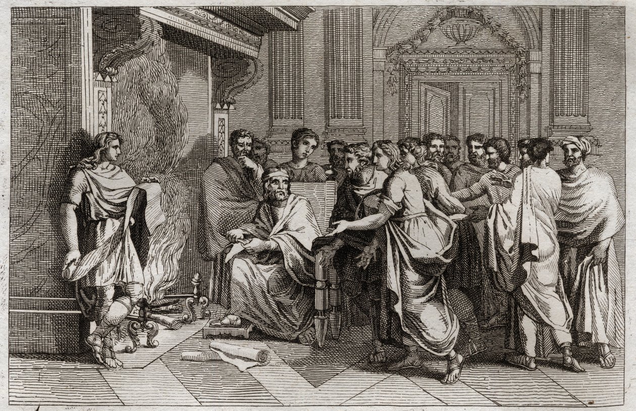 Bibbia di Royaumont, Antico Testamento: Baruch profeta. Il re Joachim taglia il rotolo contenente le profezie di Geremia trascritte dal suo discepolo Baruch e lo getta nel fuoco. Illustrazione del 1811. da Unknown artist