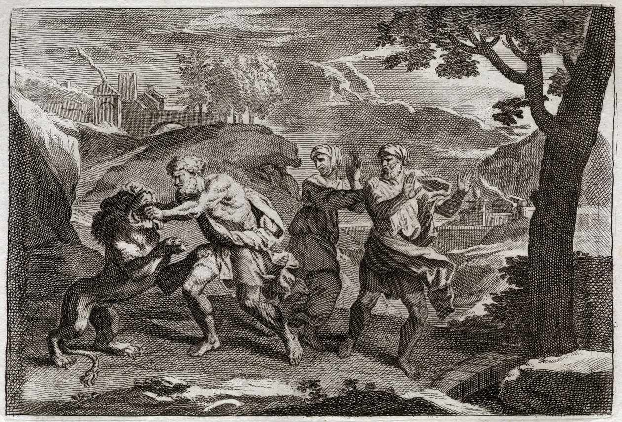 Bibbia di Royaumont, Antico Testamento: Nascita di Sansone. Sansone squarcia un leone. Illustrazione del 1811. da Unknown artist