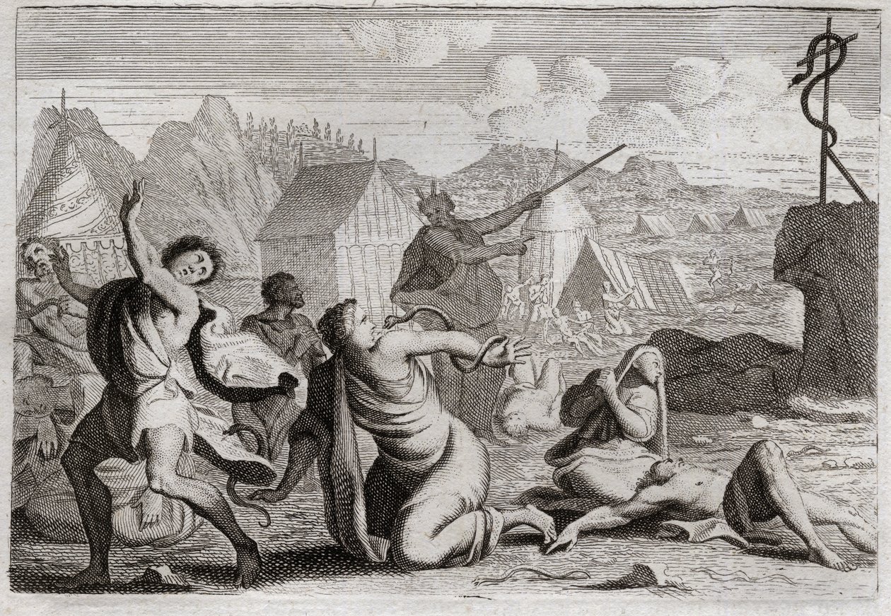 Bibbia di Royaumont, Antico Testamento: Serpente di bronzo. Il popolo mormora contro Dio e contro Mosè, viene punito da serpenti di fuoco; da cui furono guariti da un serpente di bronzo, che Mosè aveva innalzato per essere visto da tutto il popolo. Illustr da Unknown artist