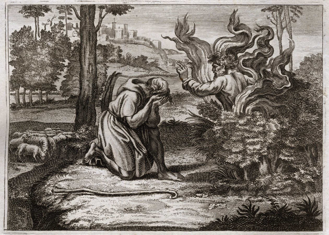 Bibbia di Royaumont, Antico Testamento: Roveto ardente. Dio parla a Mosè dal mezzo di un roveto ardente. Illustrazione del 1811. da Unknown artist