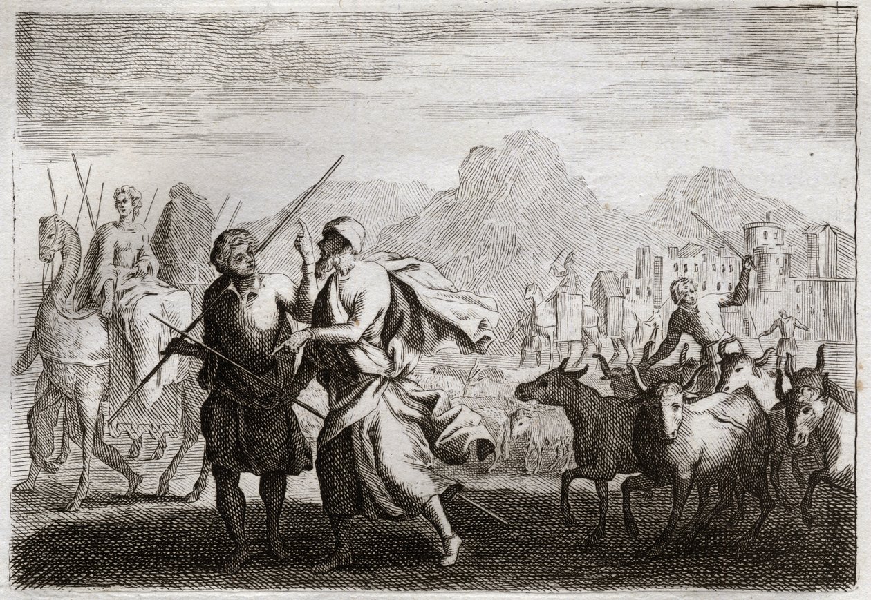 Bibbia di Royaumont, Antico Testamento: Chiamata di Abramo. Dio chiama Abramo e gli ordina di lasciare la terra dei Caldei per venire in una terra che gli ha promesso di dargli. Illustrazione del 1811. da Unknown artist