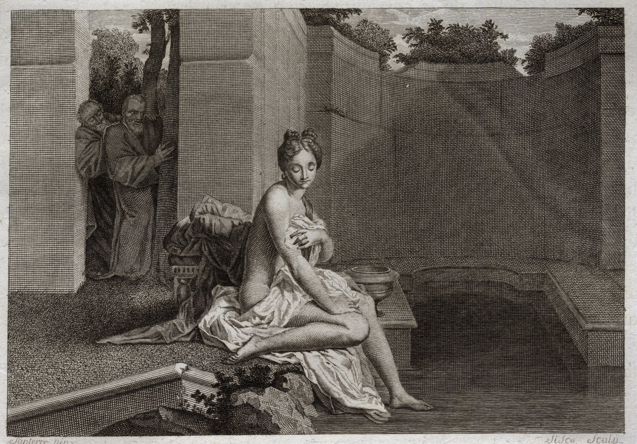 Bibbia di Royaumont, Antico Testamento: Castità di Susanna. Due anziani, giudici del popolo, cercano di corrompere la castità di Susanna, mentre era sola nel suo giardino e faceva il bagno. Illustrazione del 1811. da Unknown artist