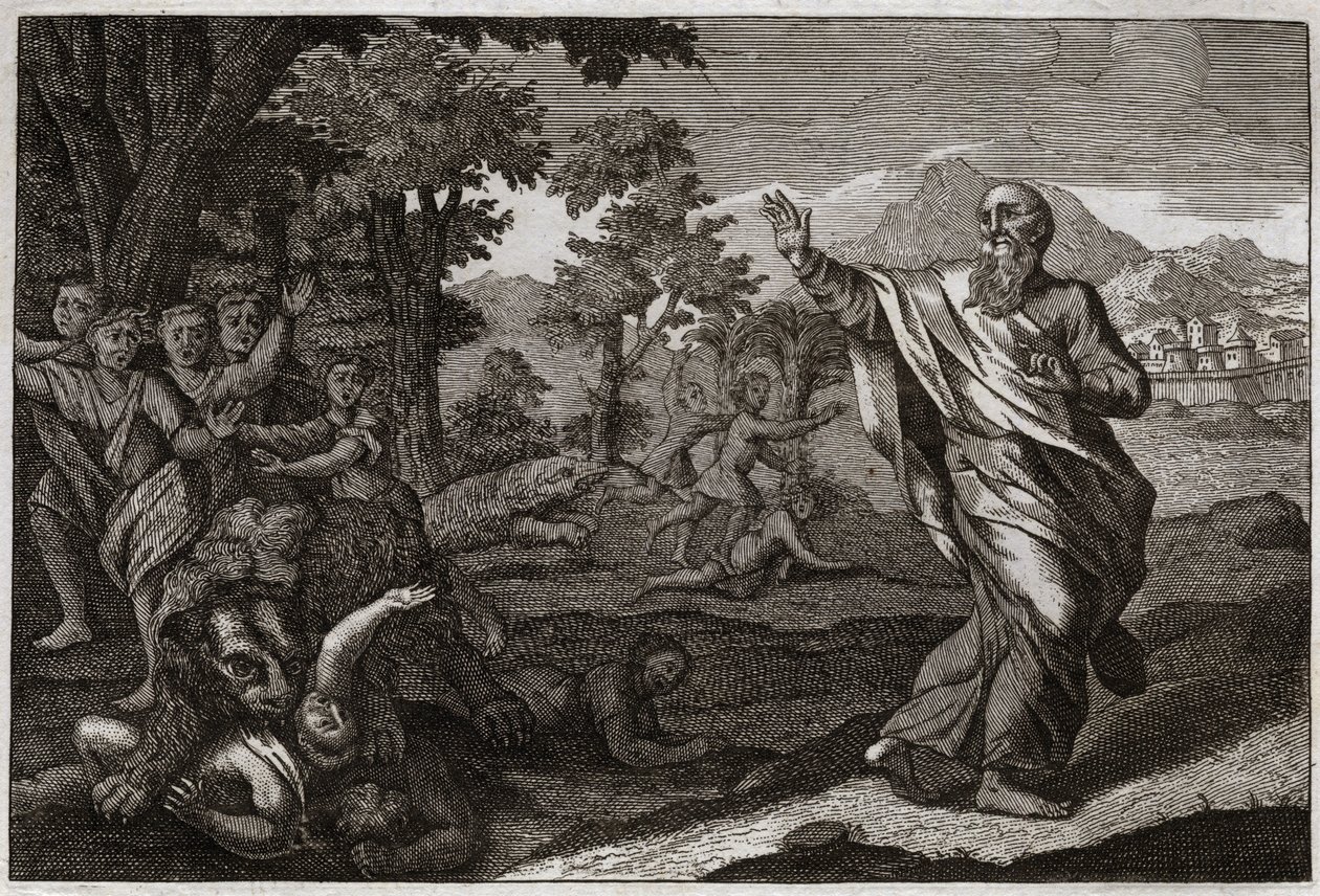 Bibbia di Royaumont, Antico Testamento: Bambini divorati dagli orsi. Bambini che si prendono gioco della calvizie di Eliseo sono sbranati dagli orsi. Illustrazione del 1811. da Unknown artist
