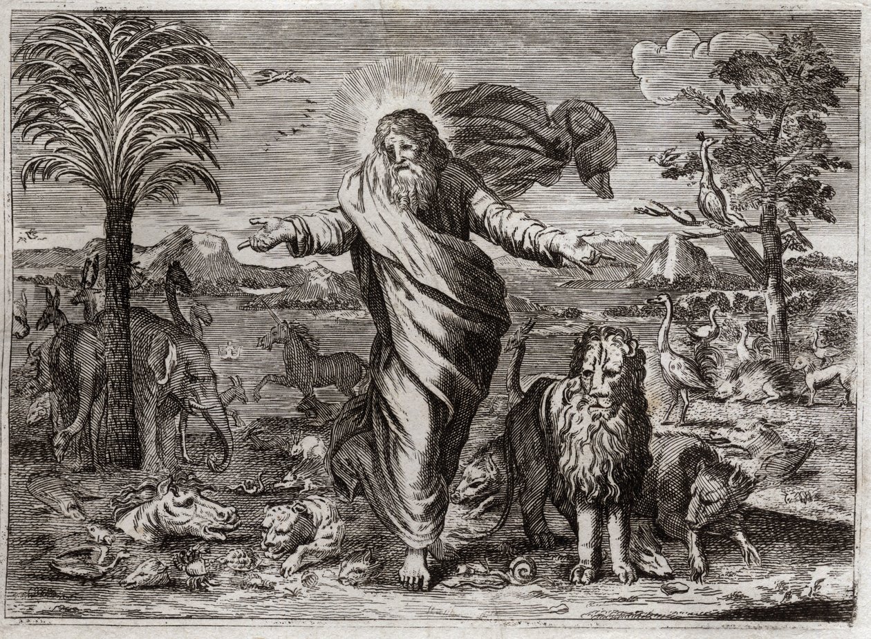 Bibbia di Royaumont, Antico Testamento: Creazione del Mondo. Dio trae il Cielo e la Terra dal nulla, e in sei giorni li adorna e li popola di Creature di ogni tipo. Illustrazione del 1811 da Unknown artist